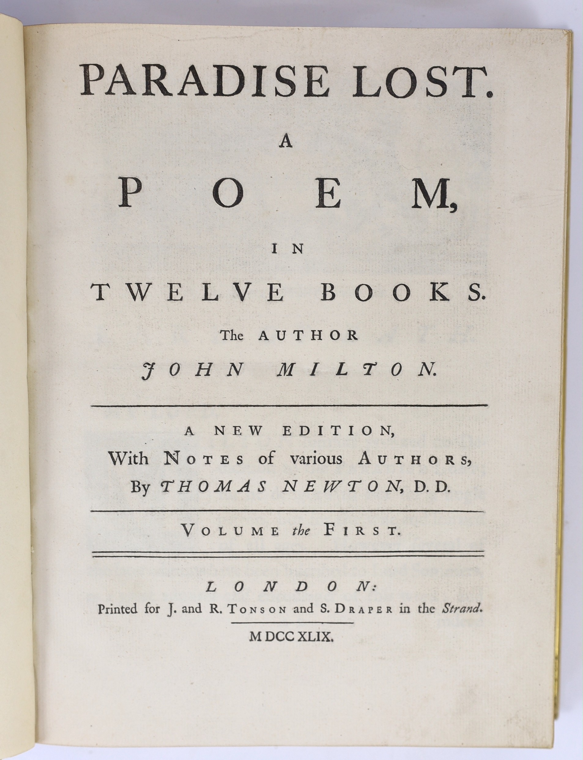 Milton, John - Paradise Lost, a Poem in Twelve Books, edited by Thomas Newton, 2 vols, 4to, later gilt rosette decorated vellum, with 2 engraved frontispiece portraits and 12 plates by Francis Hayman, J. & R. Tonson and